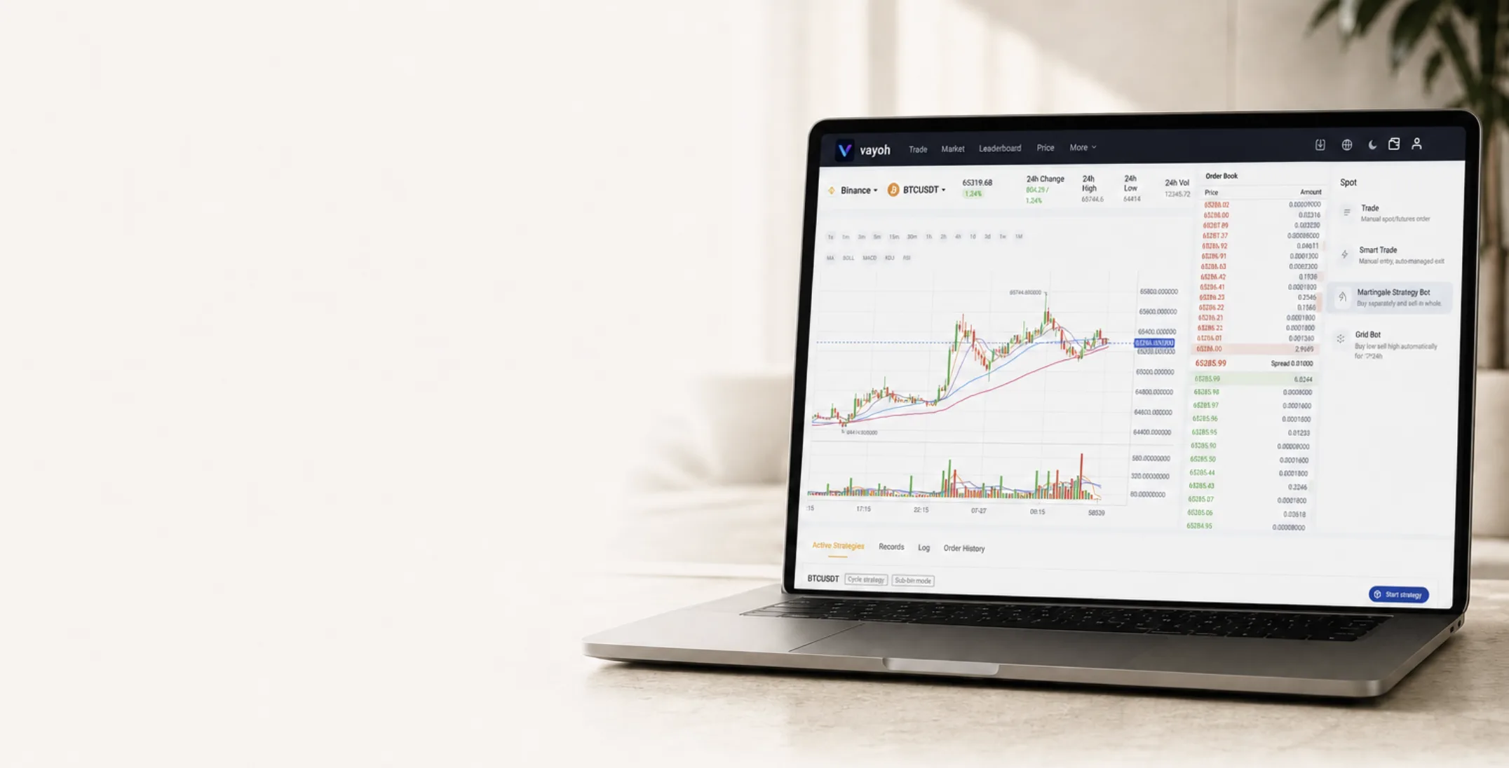 Терминал Vayo с BTC-графиком на экране ноутбука